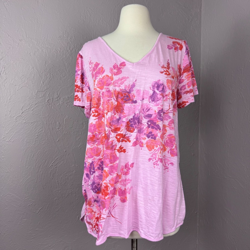 J Jill Large V neck flowy pink and purple floral shirt pullover style Summer